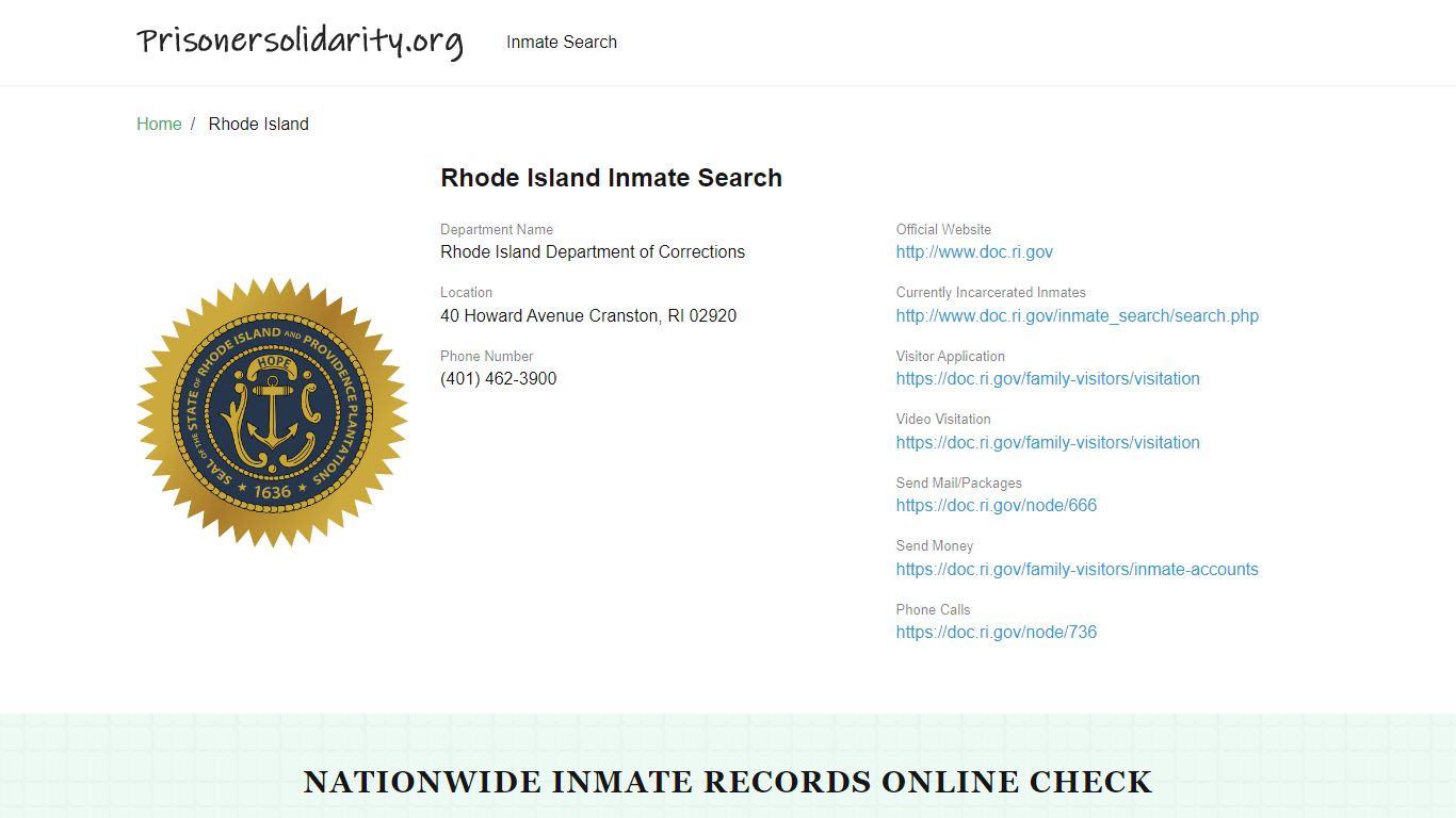 Rhode Island Inmate Search – Rhode Island Department of ...